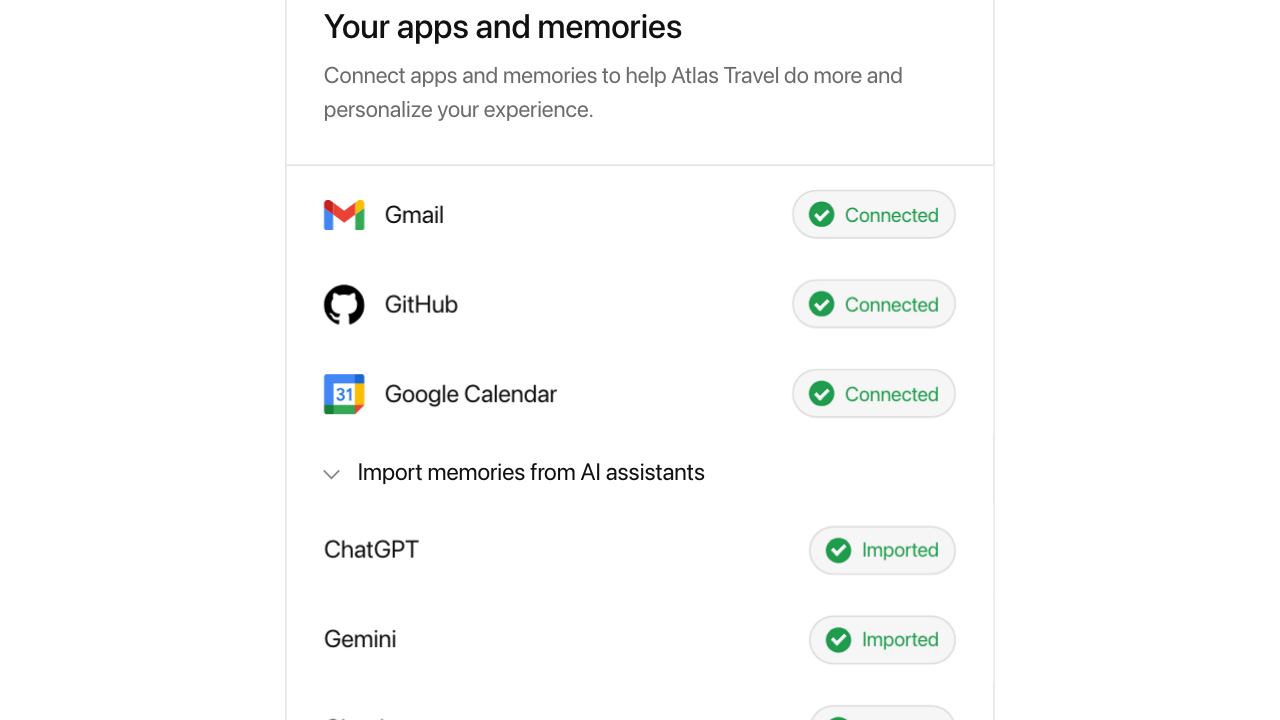 Configure apps and memories connection list