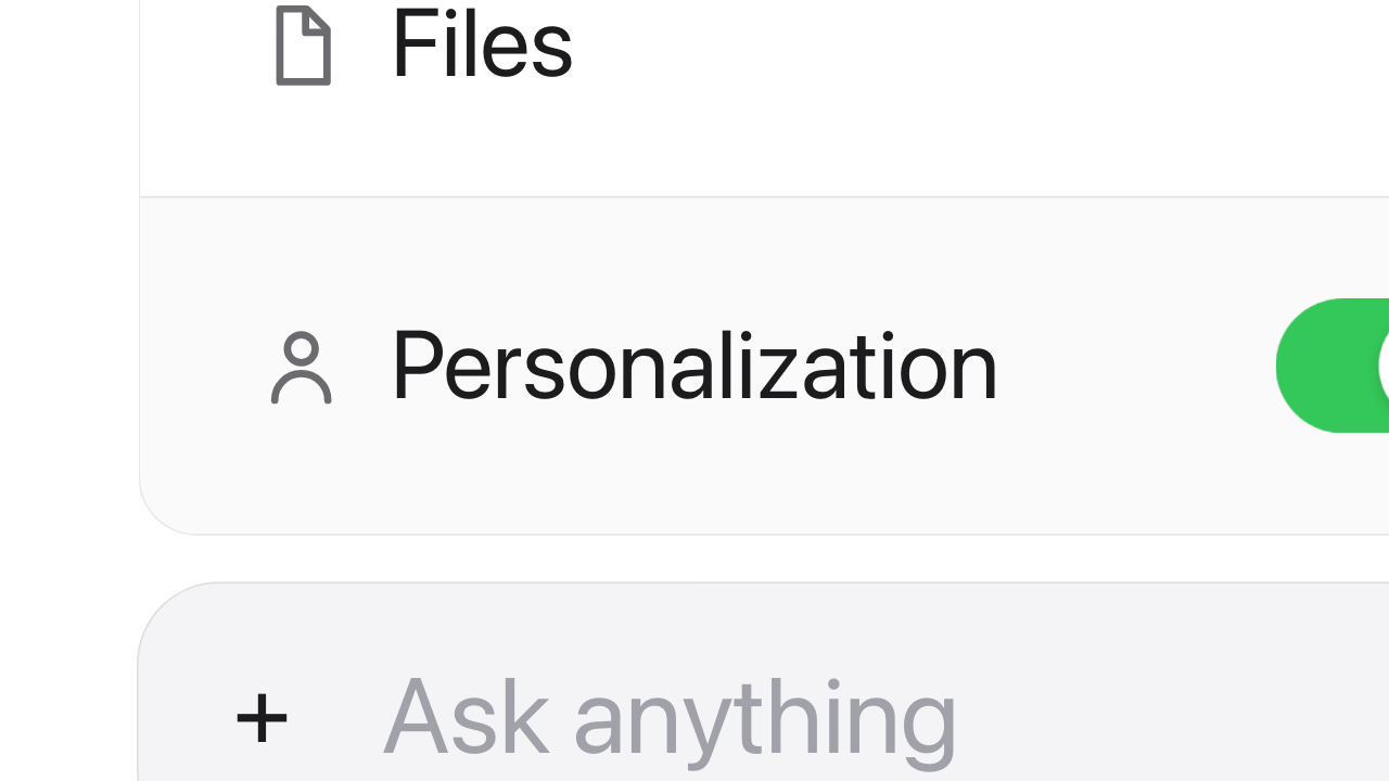 Configure personalization toggle inside a chat menu